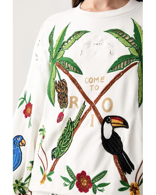 Farm Rio White Bird-Embroidered Sweatshirt