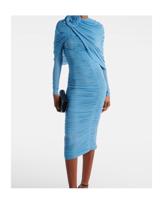 Magda Butrym Blue Floral-Applique Ruched Caped Midi Dress