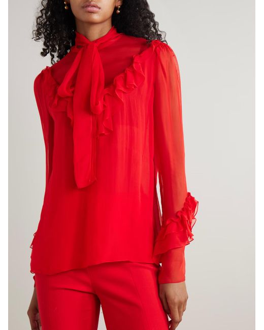 Carolina Herrera Red Tie-Collar Ruffle Shirt