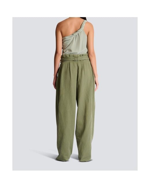 Balmain Green High-Waist Belted Wide-Leg Pants