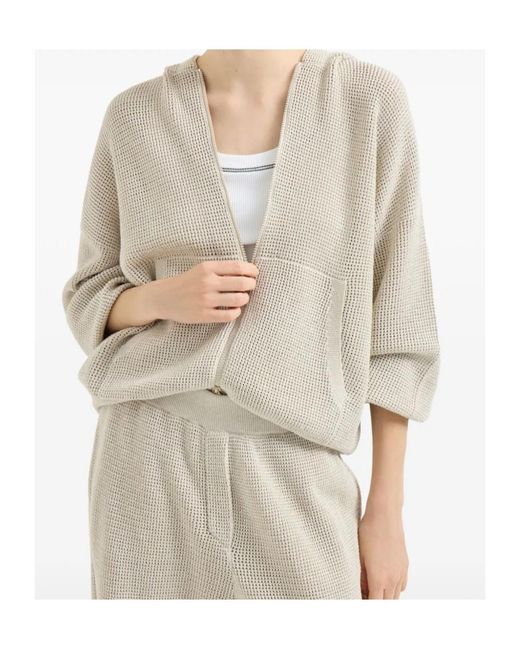 Brunello Cucinelli White Zip-Up Knitted Hoodie