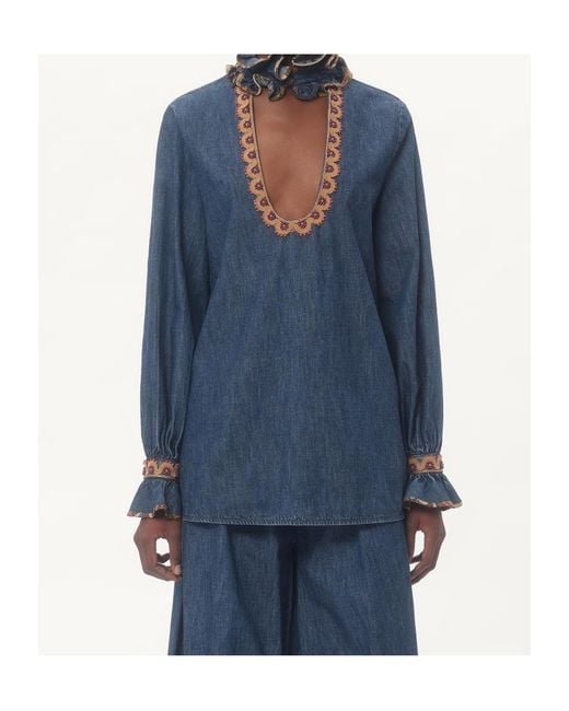 Valentino Blue Ruffled Long-Sleeved Denim Top