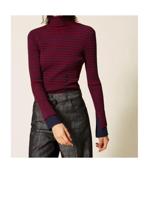 Twinset Purple Striped High-Neck Pullover