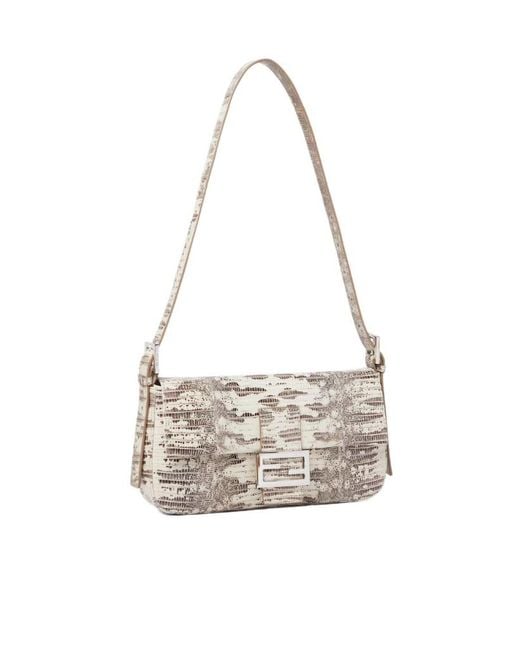Fendi Metallic Baguette 26424 Parchment-Coloured Lizard-Leather Bag