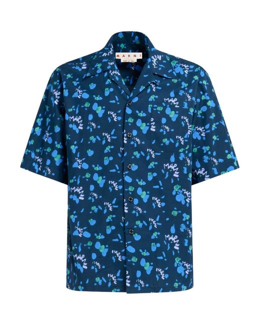 Marni Blue Allover Ink Print Cotton Sport Shirt for men