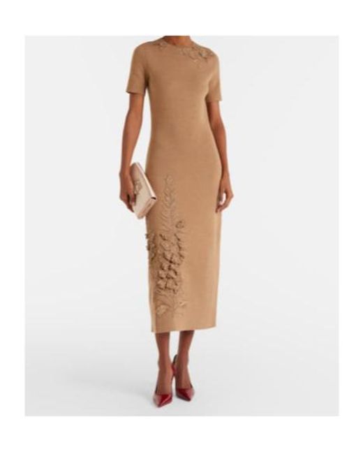 Oscar de la Renta Brown Foxgloves Wool-Blend Midi Dress