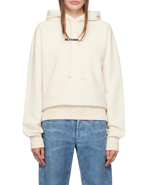 Jil Sander White Logo Printed Drawstring Hoodie