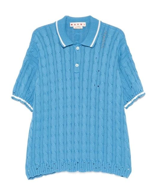 Marni Blue Logo Embroidered Cable-Knit Polo Shirt for men