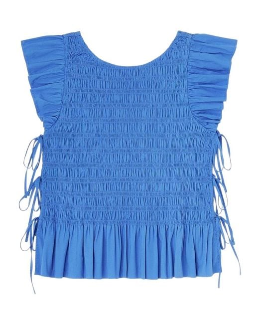 Ganni Blue Short Angel Sleeved Top