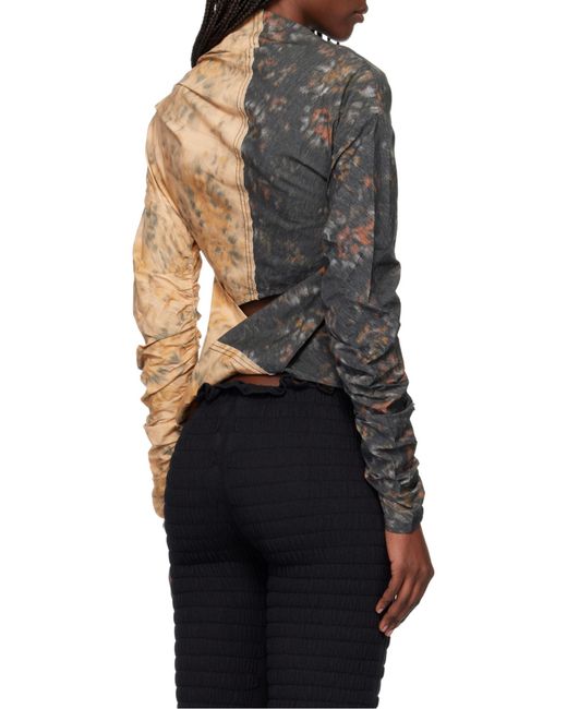 Ganni Black Asymmetric-Neck Floral-Printed Ruched Top