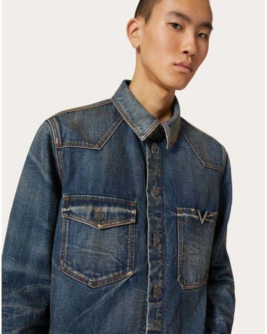 Valentino Blue V-Logo Buttoned Denim Jacket for men