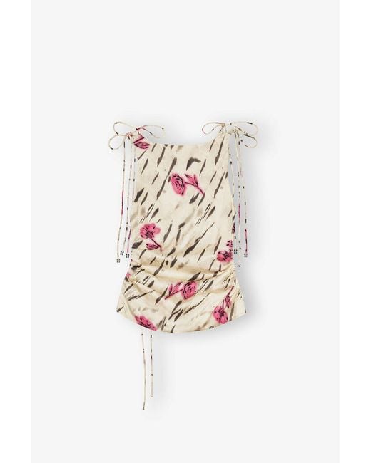 Ganni White Graphic Printed Stretch Satin Gathered Top