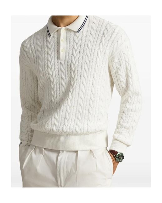 Polo Ralph Lauren White Cable-Knit Polo Sweater for men