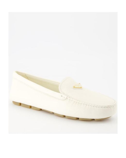 Prada White Triangle-Logo Slip-On Loafers