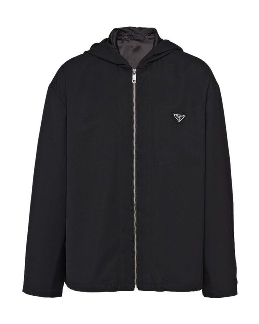 Prada Black Logo Plaque Zip-Up Drawstring Jacket for men