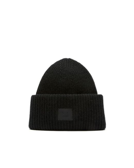 Acne Black Large Face Logo Beanie