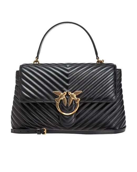 Pinko Black Love-Birds Logo Plaque Quilted Shoulder Bag