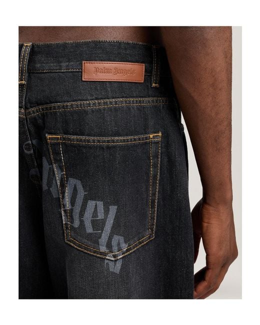 Palm Angels Blue Curved Logo Loose Jeans for men