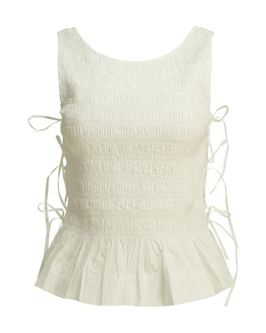 Ganni White Smocked Tie-Side Top