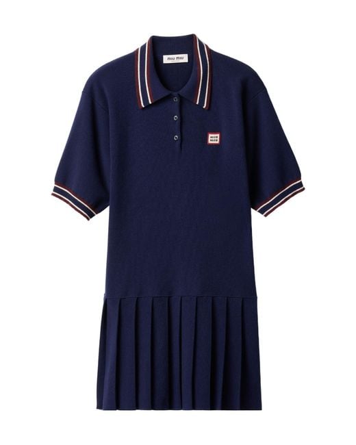 Miu Miu Blue Logo-Patch Short-Sleeved Mini Polo Dress