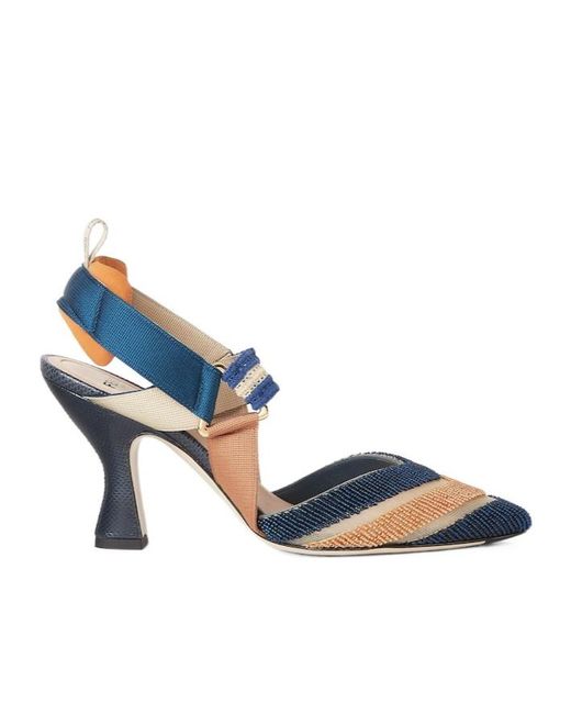 Fendi Blue And Copper Mesh And Beaded High-Heeled Slingbacks