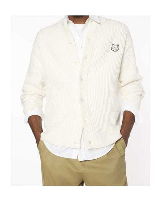 Maison Kitsuné White Maison Kitsuné Fox Head Ribbed Knit Cardigan for men