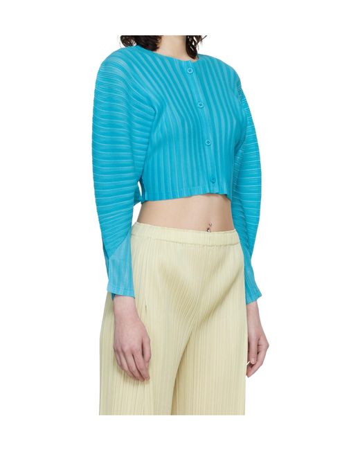 Pleats Please Issey Miyake Blue Pleated Knit Cardigan