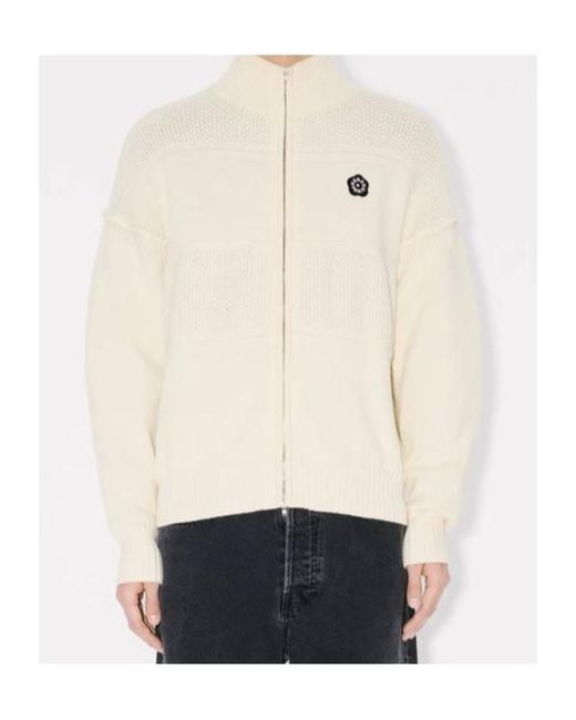 KENZO White Zip-Up Logo Patch Cardigan for men