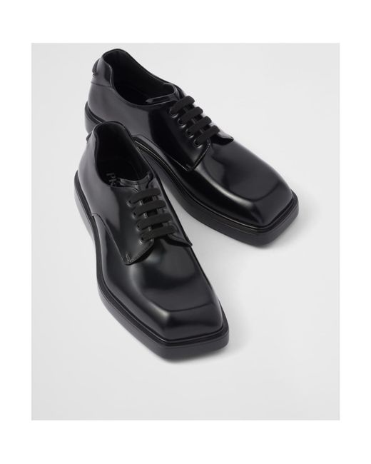 Prada Black Brushed Leather Derby Shoes for men