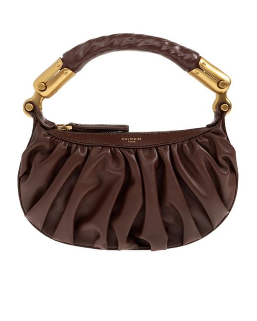 Balmain Brown Ebene Ruched Handle Shoulder Bag