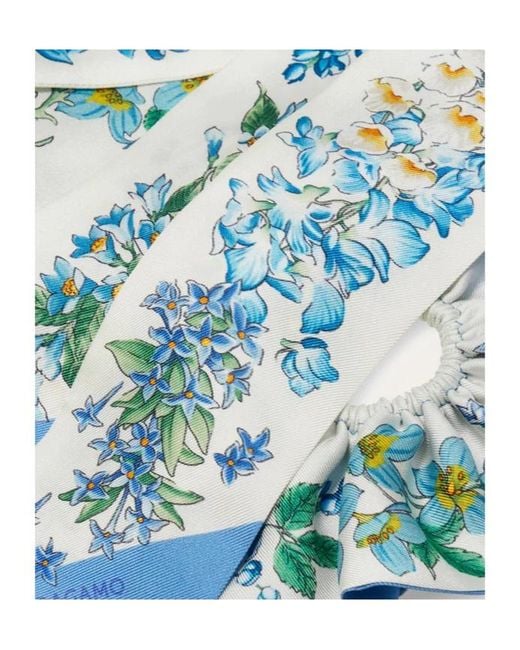 Ferragamo Blue Spring Print Silk Scrunchie With Mini Bandeau