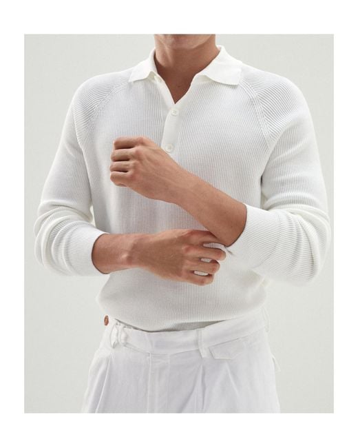 Brunello Cucinelli White Long Sleeved Knitted Polo Jumper for men