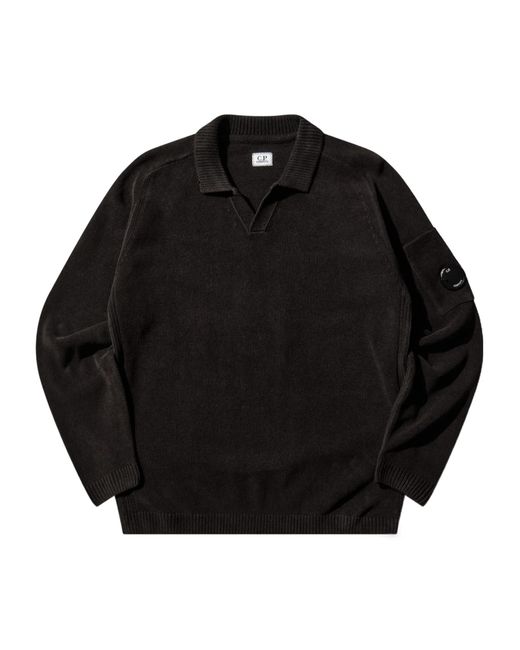 C P Company Black Polo Collar Lens Knitted Sweater for men