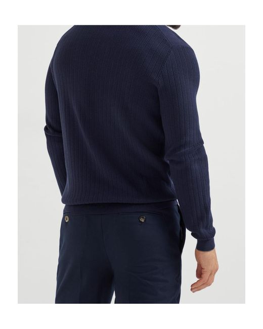 Brunello Cucinelli Blue Long Sleeved Ribbed Polo Shirt for men