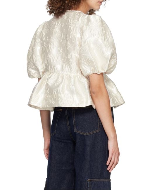 Ganni White Satin Peplum Tie Blouse