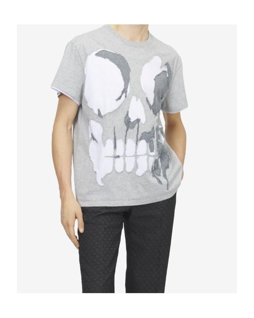 McQueen Gray Skull-Applique T-Shirt for men