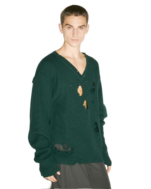 Vetements Green Distressed-Effect V-Neck Sweater for men