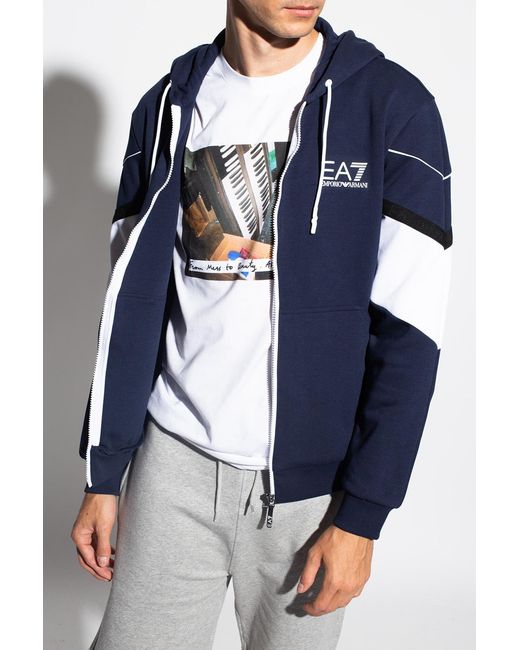 EA7 Blue Zip-Front Logo-Print Hoodie for men