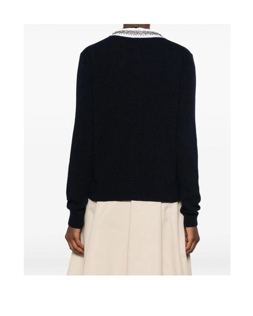 Prada Blue Crystal-Embellished Ruffled-Collar Cardigan