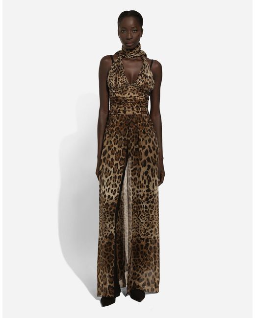 Dolce & Gabbana Natural Long Leopard-Printed Chiffon Dress