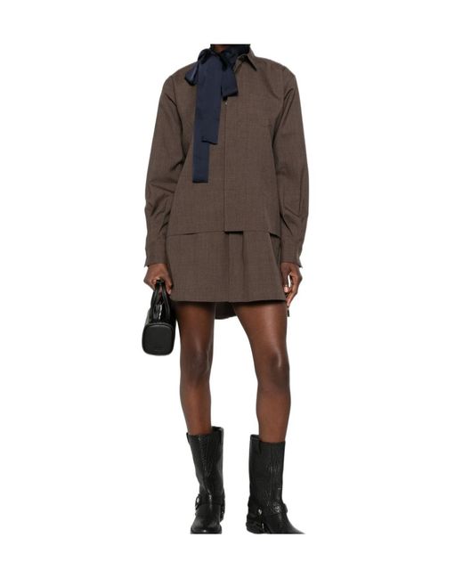 Sacai Brown Long-Sleeve Layered Mini Shirt Dress