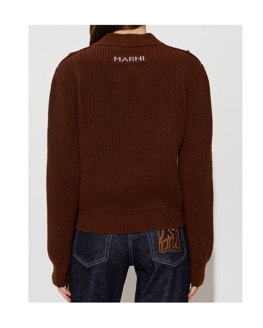Marni Brown Ribbed V-Neck Ribbed Jumper