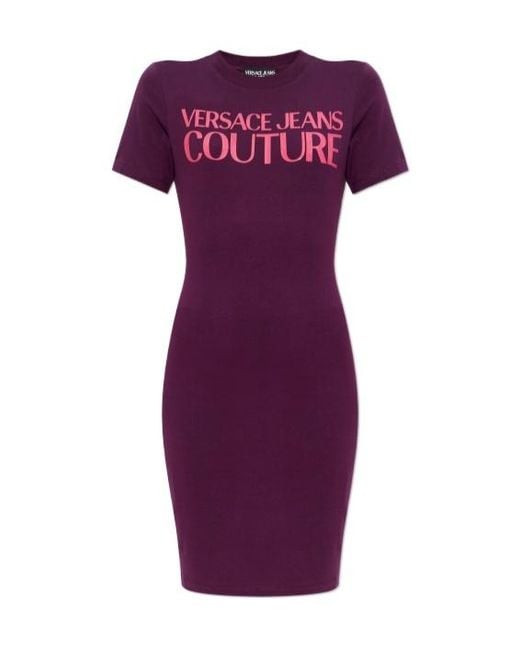 Versace Jeans Purple Couture Logo-Printed Crewneck Dress