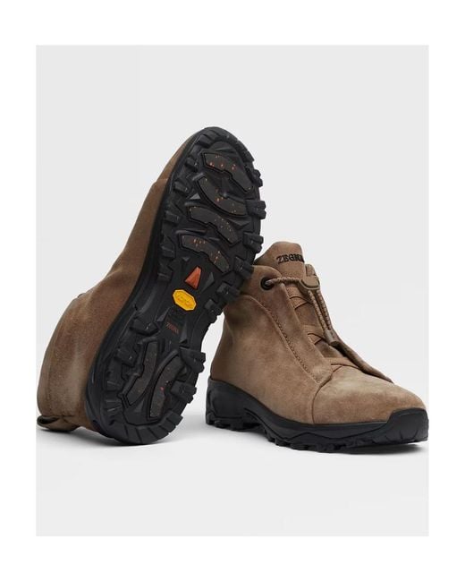 Zegna Brown Triple Stitch Vetta Suede Sneakers for men