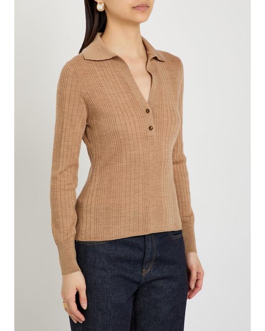 Veronica Beard Natural Rouni Ribbed Merino-Wool Top