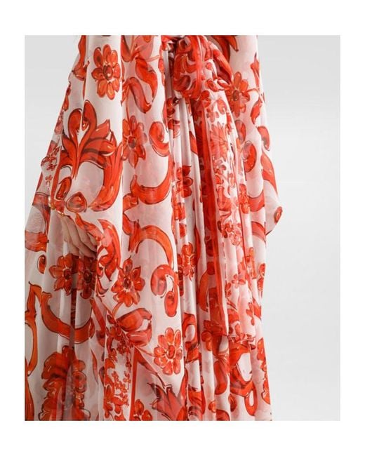 Dolce & Gabbana Red Maiolica-Print Silk Kaftan Long Dress