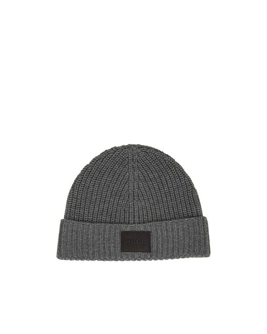 Boss Gray Ribbed Logo-Patch Beanie Hat Set for men