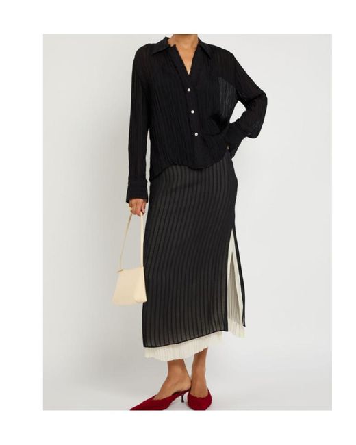 Vince Black Layered Striped Plissé Midi Skirt
