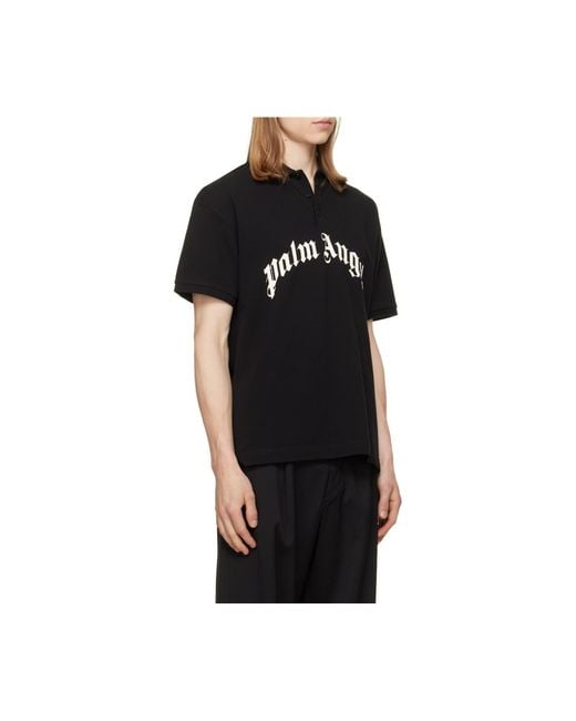 Palm Angels Black Curved Logo Polo Shirt for men