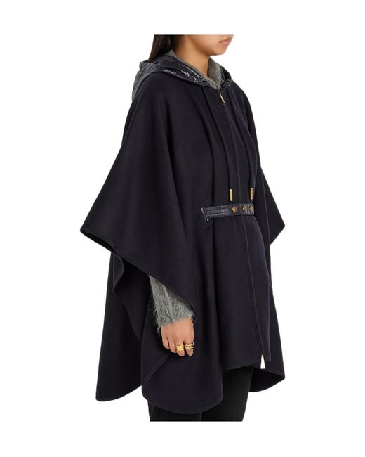 Moncler Blue Hooded Belted Wool-Blend Cape Coat